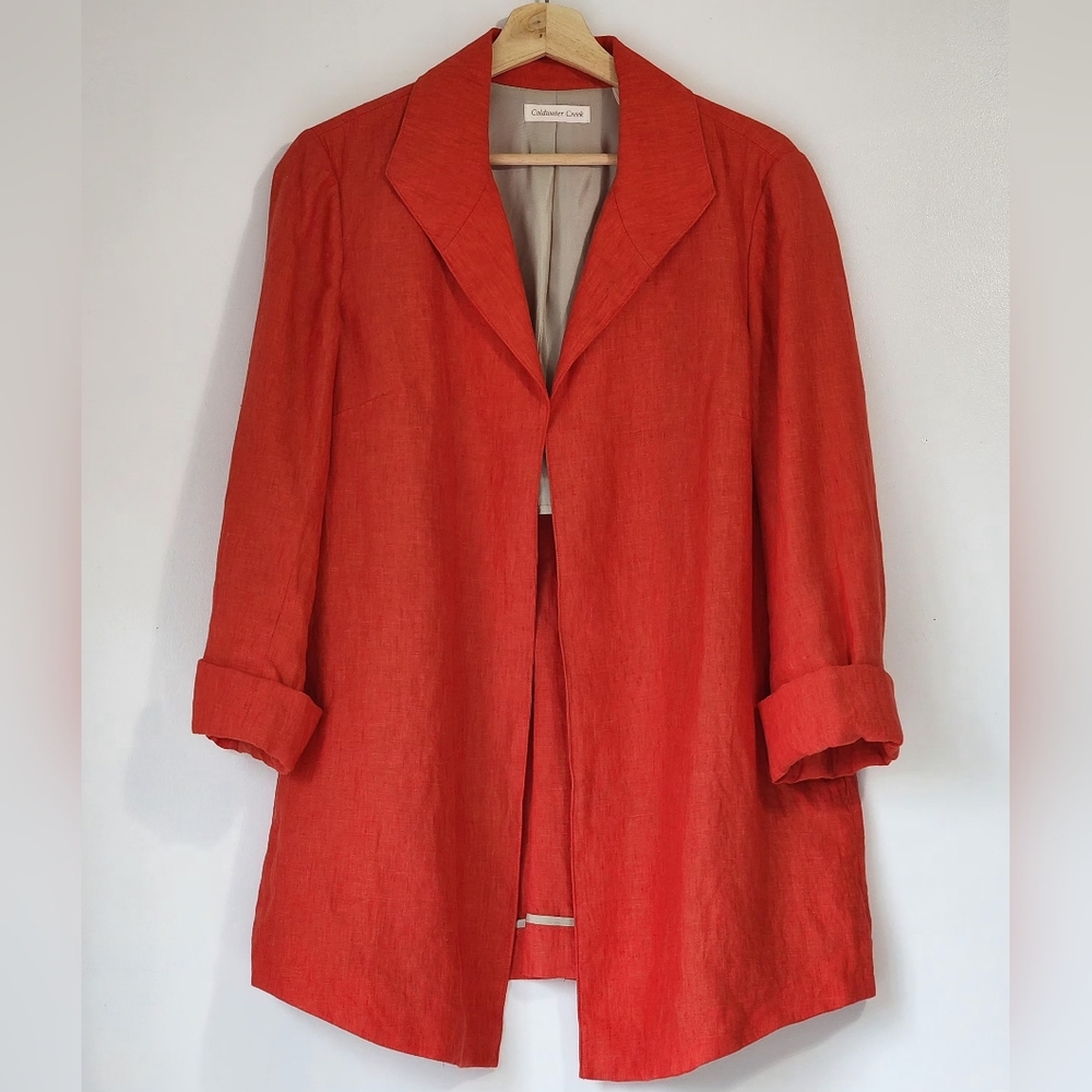 Coldwater Creek 100% Linen Open Front Jacket Blazer Bright orange Sz 12 Elegant